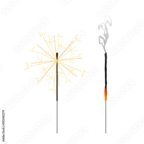 Christmas sparkling lights. Bengal fire. Festive glowing sparklers. Extinguished Bengal fire. Decorative festive holiday element. Flat illustration on white background.