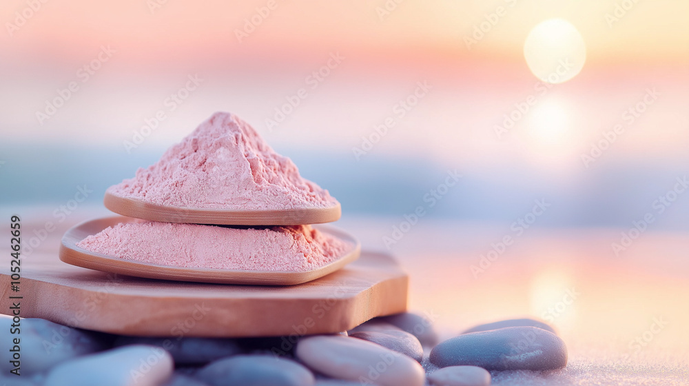 Pink powder in bowls, sunset in background Pink powder in bowls, sunset in background