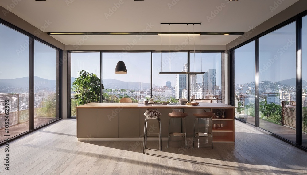 Modern kitchen interior with large windows and city view. 3D Rendering Modern kitchen interior with large windows and city view. 3D Rendering
