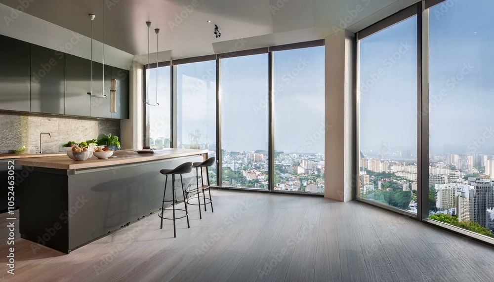 Fototapeta premium Modern kitchen interior with large windows and city view. 3D Rendering
