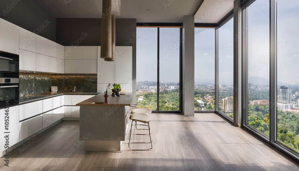 Fototapeta premium Modern kitchen interior with large windows and city view. 3D Rendering