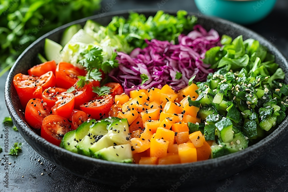 A colorful and fresh vegetable salad in a black bowl. A colorful and fresh vegetable salad in a black bowl.