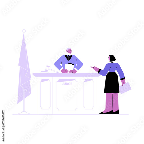 Judge And Female Lawyer Discussing Case At Court Table In Flat Vector Illustration Symbolizing Judicial Process And Legal Proceedings, Isolated On White Background.