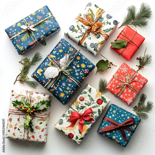 Surprizing Christmas Wrapping gifts in decorative holiday paper Isolated On White Background
 photo