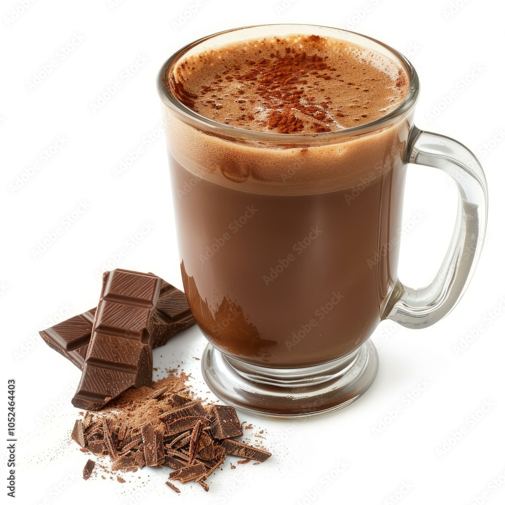 Glass cup of hot chocolate with whipped cream, cocoa powder and chocolate chunks, isolated on white background Glass cup of hot chocolate with whipped cream, cocoa powder and chocolate chunks, isolated on white background