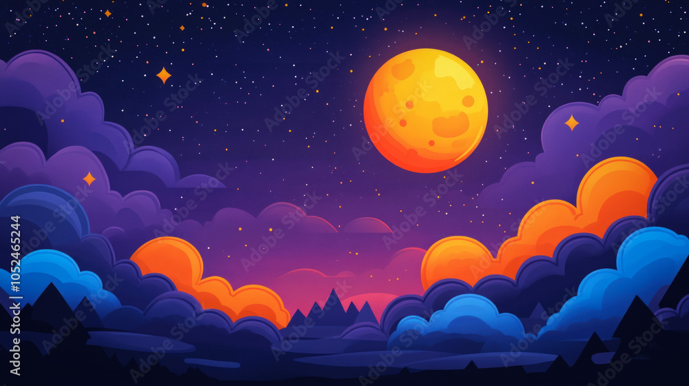 Wallpaper Illustrating A Whimsical Night Sky With A Radiant Moon Surrounded By Fluffy Clouds, Set Against A Rich Purple Backdrop With Shimmering Stars Wallpaper Illustrating A Whimsical Night Sky With A Radiant Moon Surrounded By Fluffy Clouds, Set Against A Rich Purple Backdrop With Shimmering Stars