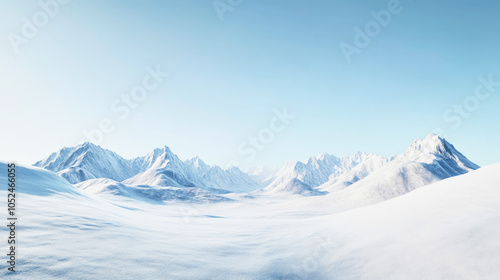 Wide panoramic view of a snowy mountain range under clear blue skies in a winter landscape