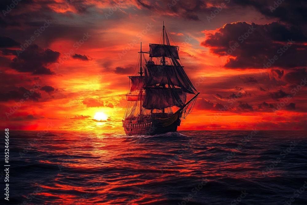 Fototapeta premium Beautiful ocean sunset , with colourful red and orange sky, dark sea and silhouette of ship on the horizon. .generative ai