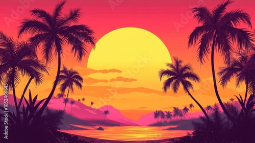 Vibrant Sunset Over Palm Trees in Paradise