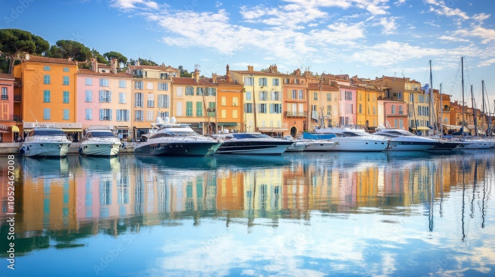 Obraz premium Colorful Harbor with Boats and Reflections in Port