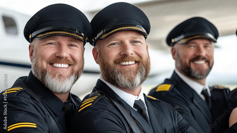 Three pilots stand together smiling, ready to take flight. Three pilots stand together smiling, ready to take flight.