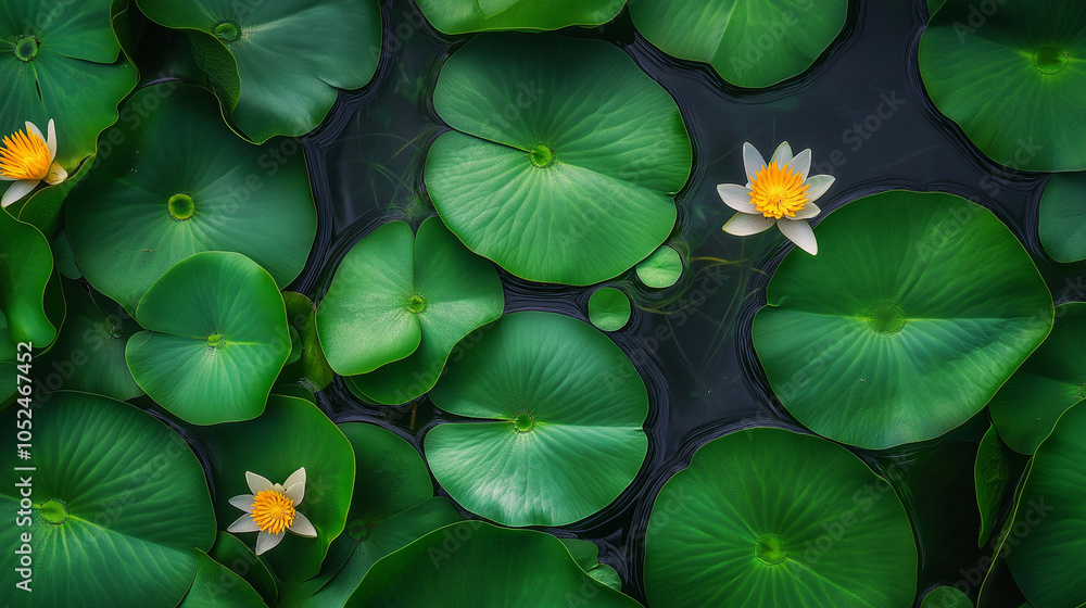Fototapeta premium Close-up view of lily pads and flowers floating on the water's surface.