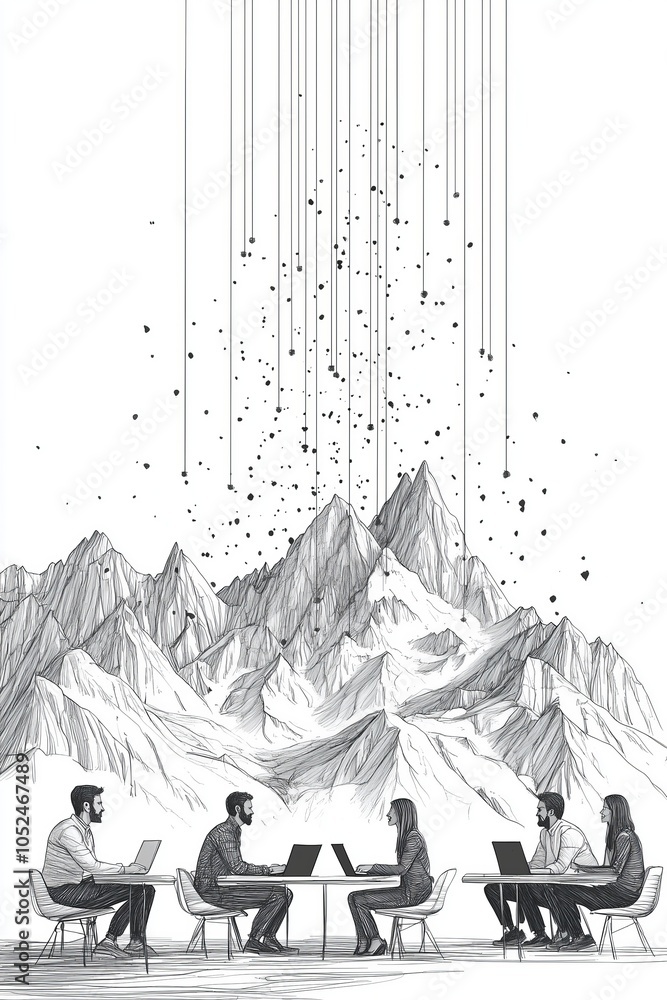 Fototapeta premium Group of diverse professionals collaborating in a creative workspace with mountains illustration.