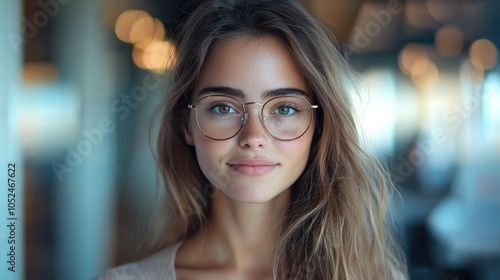 Young woman in glasses smiling warmly, set in a cozy cafe with soft lighting during the early afternoon