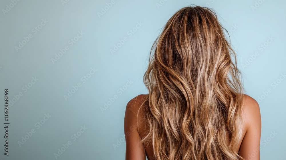 A woman with long, flowing, wavy hair stands with her back to the viewer, exuding a sense of elegance and femininity against a plain, teal background. A woman with long, flowing, wavy hair stands with her back to the viewer, exuding a sense of elegance and femininity against a plain, teal background.
