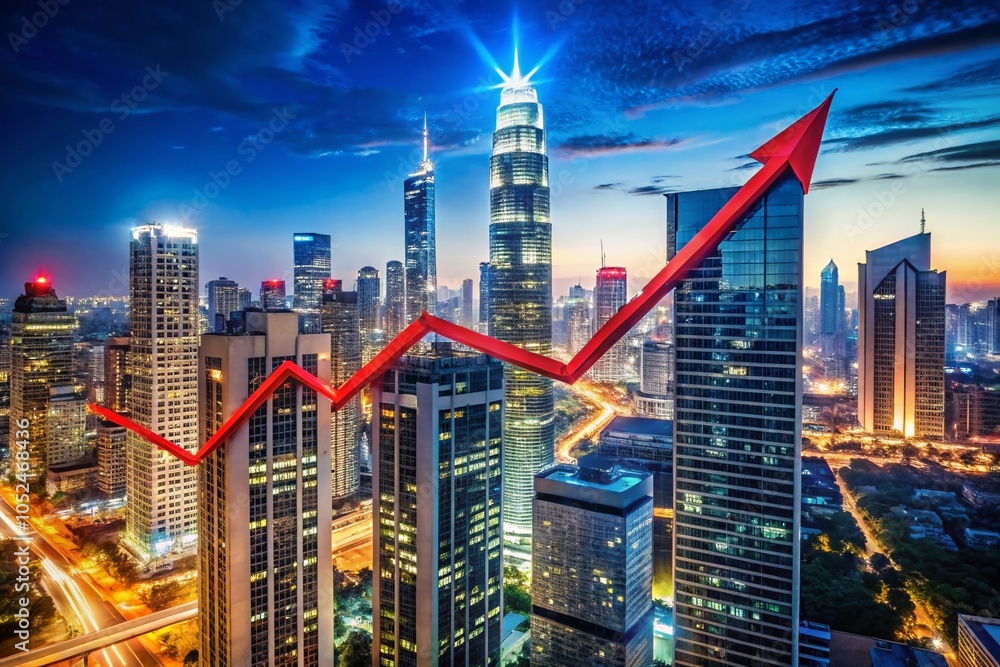 Obraz premium Rising Red Arrow Graph Over Glowing City Skyline Representing Growth and Progress in Business Metrics