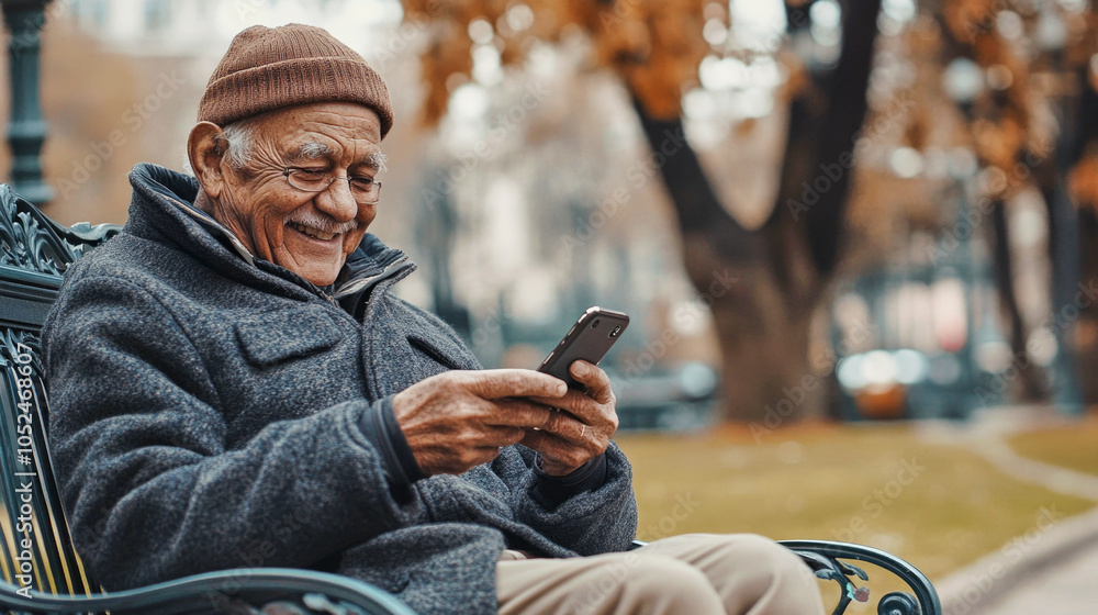 Elderly man enjoys technology on a park bench while scrolling through social media content Elderly man enjoys technology on a park bench while scrolling through social media content