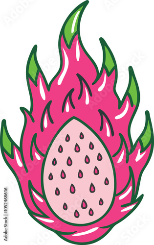 Illustration of dragon-fruit with green leaf, Vector illustration of dragon-fruit clustered together with a green leaf, showcasing a simple, minimalistic design. 