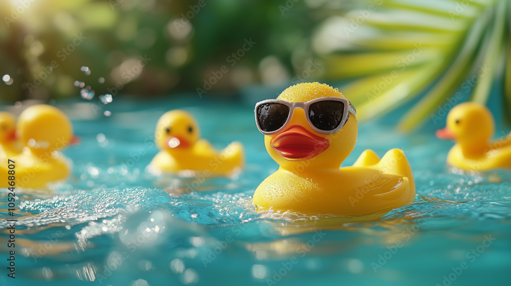 Funny Yellow Rubber Duck in Sunglasses in Swimming Pool Summer Vacation Concept Funny Yellow Rubber Duck in Sunglasses in Swimming Pool Summer Vacation Concept