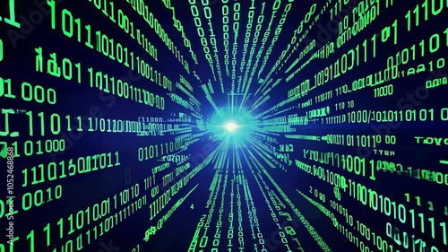 Binary code rain in a tunnel of glowing light