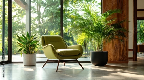 A stylish modern interior features a comfortable green chair bathed in natural light, surrounded by lush potted plants, creating a tranquil and inviting atmosphere. photo