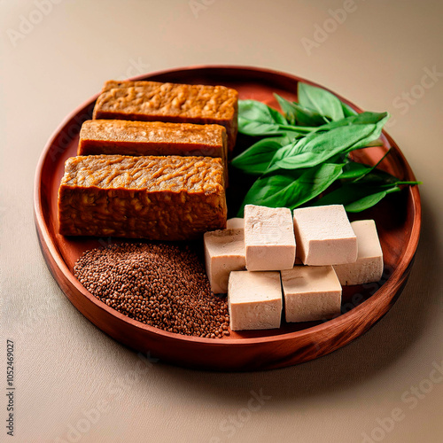 Proteína vegana de diferentes tipos como tofu, seitán y tempeh con ingredientes basados en plantas.