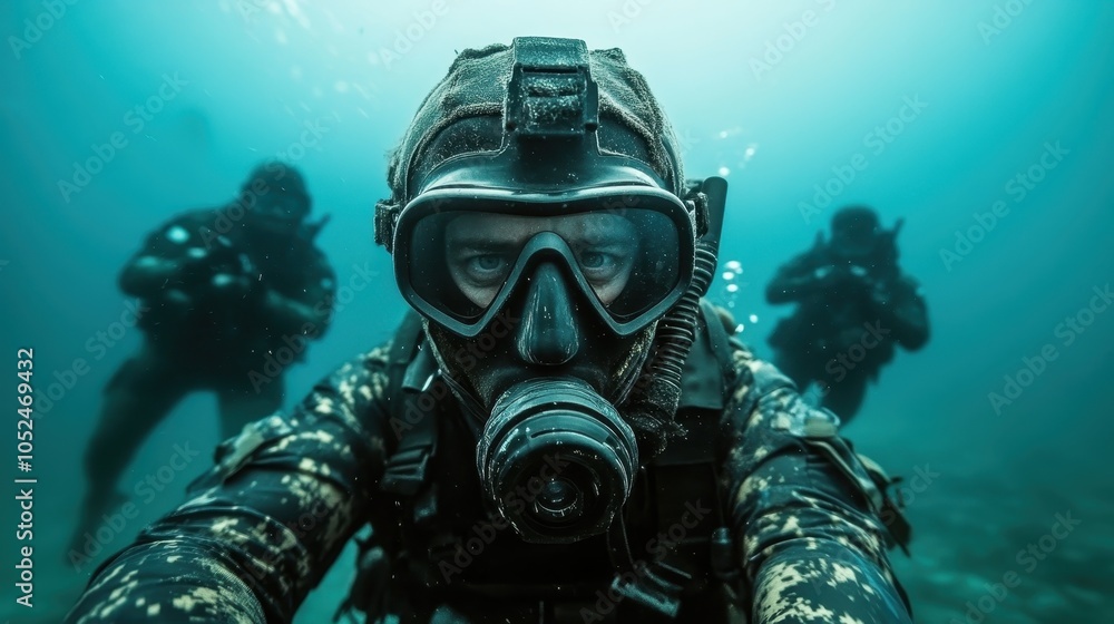 A dynamic image capturing a focused underwater military operation with divers in tactical gear, representing themes of courage, precision, and strategic objectives.