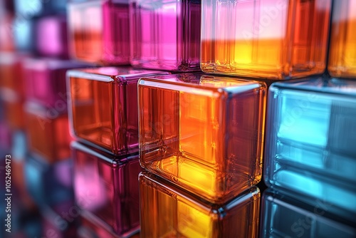 Colorful glass blocks stacked in a pattern, reflecting light and creating a vibrant geometric design.