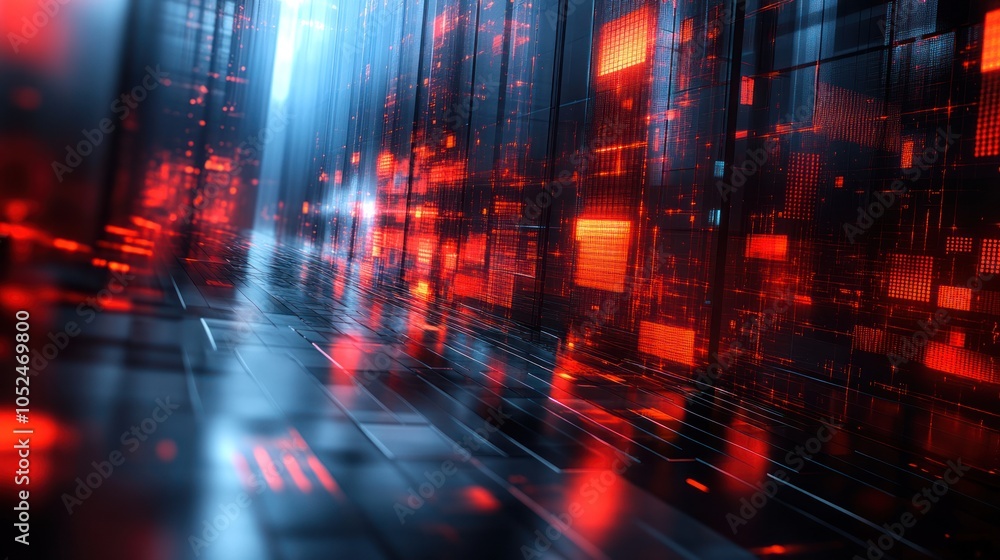 Fototapeta premium Abstract digital corridor with red lights and reflections