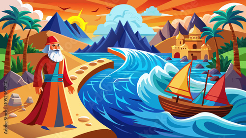 Ocean separate up to form canal. Bible miracle of Moses parting red sea for passage