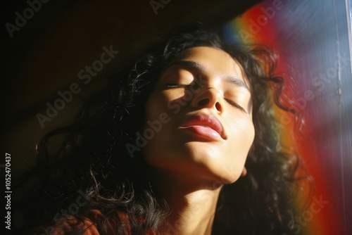 Rainbow light on latin woman face photography portrait adult. photo