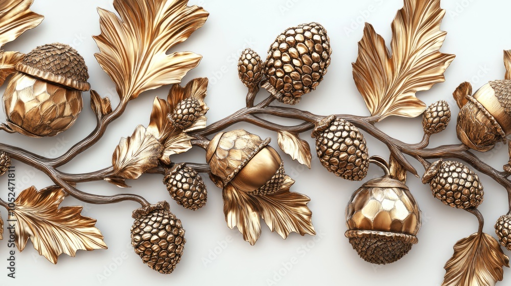 Golden decorative design featuring acorns and leaves on a white background. Golden decorative design featuring acorns and leaves on a white background.