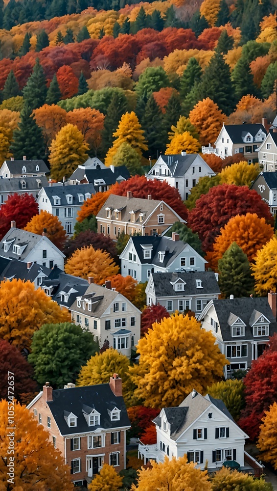 Obraz premium Autumn cityscape featuring colorful trees and quaint houses.
