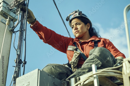 Female electrician working on power lines with safety gear and tools outdoors