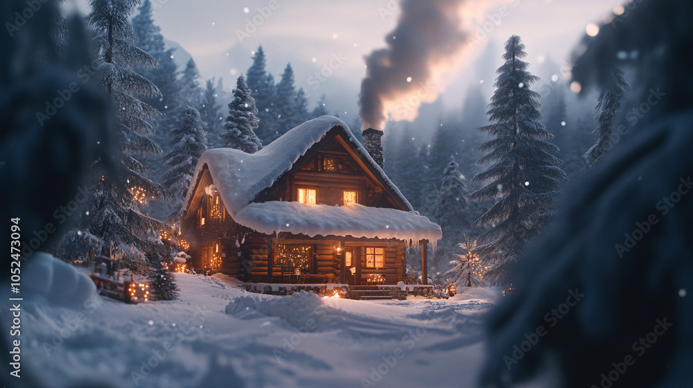 Fototapeta premium cozy winter cabin in snowy forest landscape with christmas lights