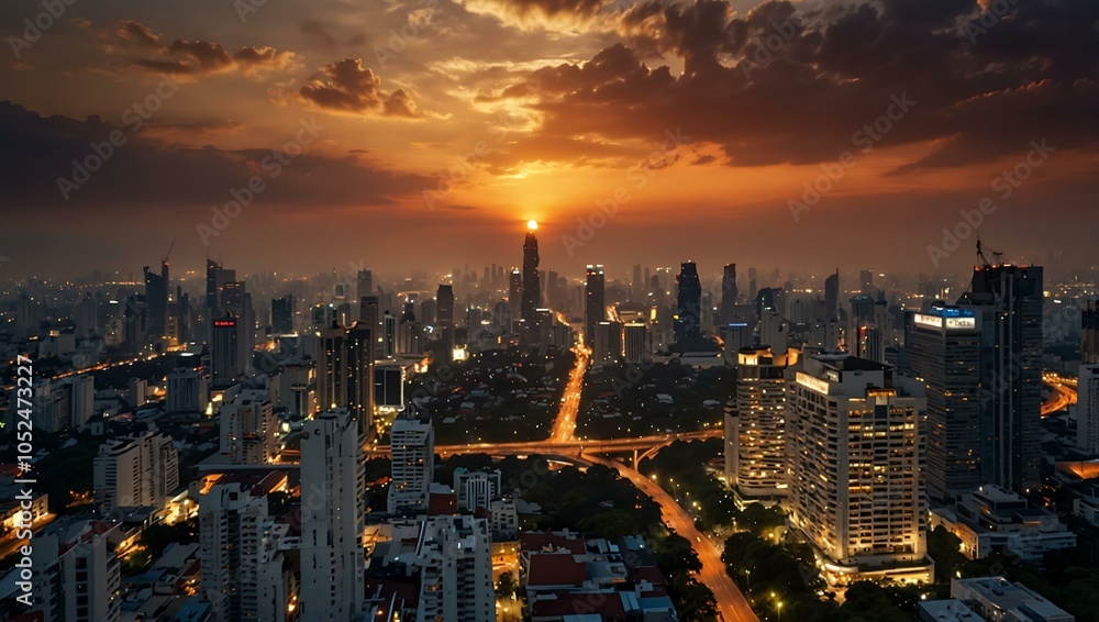 Obraz premium Bangkok city view at sunset, creating a relaxing atmosphere.