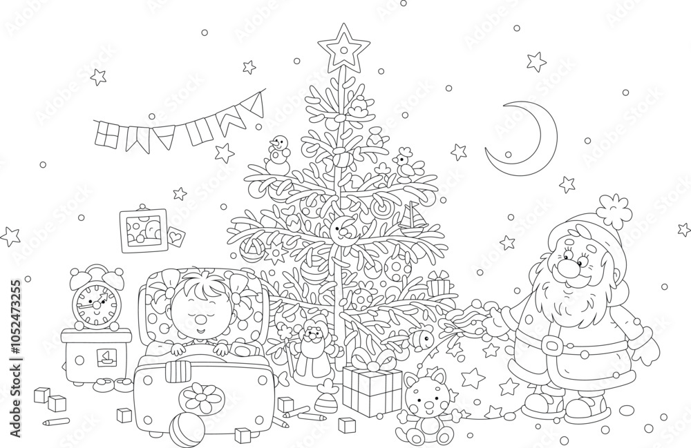 Santa Claus with his magical bag full of holiday gifts for a little girl sleeping in a nursery room with a decorated fir on a Christmas night, black and white vector cartoon illustration Santa Claus with his magical bag full of holiday gifts for a little girl sleeping in a nursery room with a decorated fir on a Christmas night, black and white vector cartoon illustration