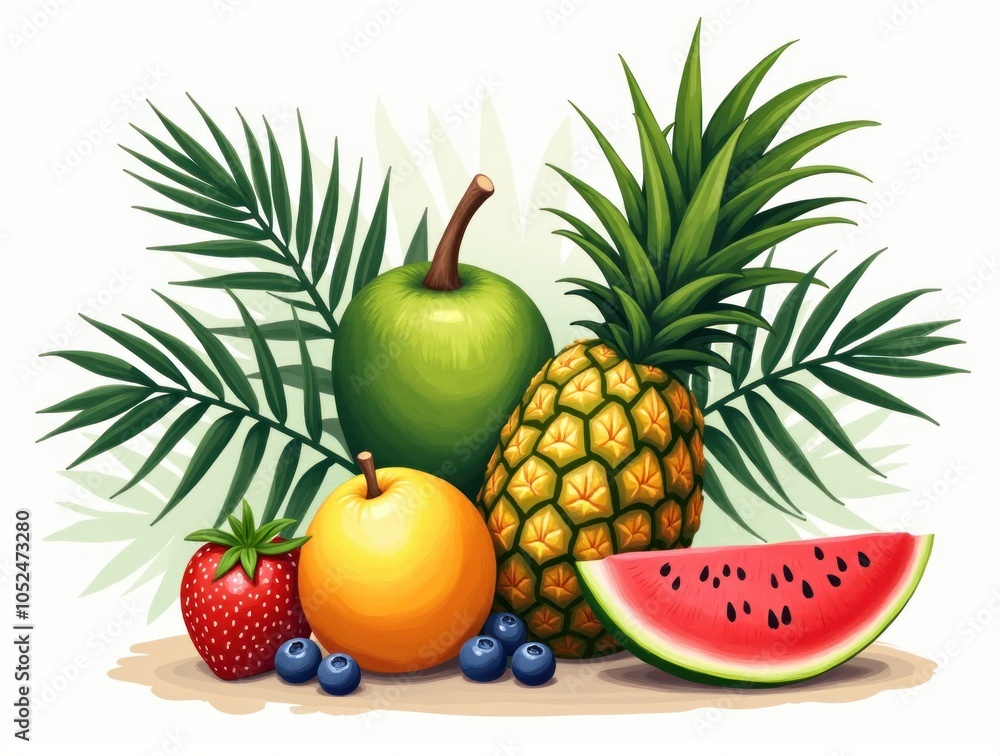 Flat Cartoon Still Life Colorful Pineapples, Bananas, and Citrus Fruits with Ornamental Pattern Design Flat Cartoon Still Life Colorful Pineapples, Bananas, and Citrus Fruits with Ornamental Pattern Design