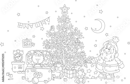 Santa Claus with his magical bag full of holiday gifts for a little girl sleeping in a nursery room with a decorated fir on a Christmas night, black and white vector cartoon illustration