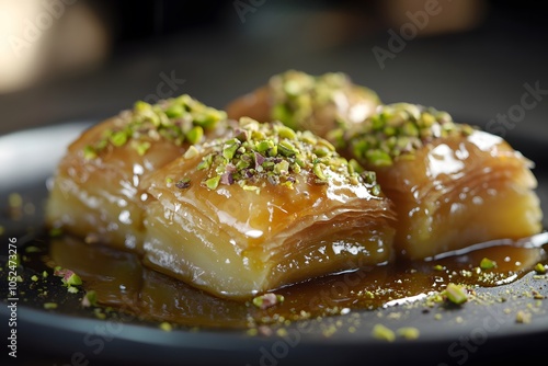 Crispy Baklava with Pistachio and Butter, Turkish name fıstıklı havuç dilimi baklava photo