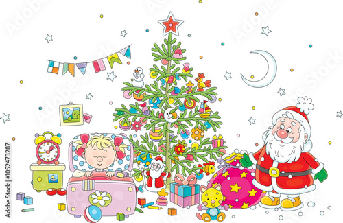 Santa Claus with his magical bag full of holiday gifts for a little girl sleeping in a nursery room with a decorated green fir on a Christmas night, vector cartoon illustration on white