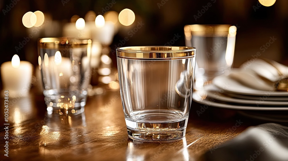 Gold-rimmed glass tumblers on an elegant dinner table, surrounded by candles and soft lighting for formal dining themes. Gold-rimmed glass tumblers on an elegant dinner table, surrounded by candles and soft lighting for formal dining themes.
