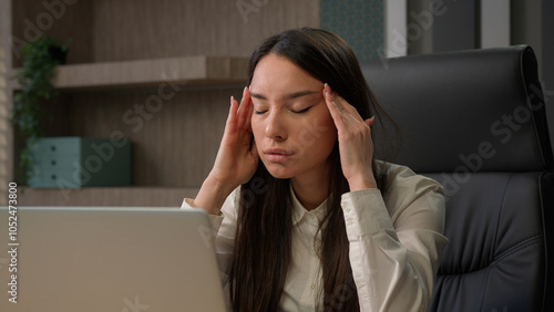 Photos Tired fatigued Caucasian girl feel neck discomfort with computer work in office