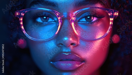 A close-up of an influencer's face wearing glasses, illuminated by neon lights in the background, with visible digital elements reflecting on their lenses