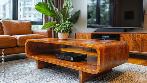 A close-up photo of an open coffee table in the middle, next to it is a modern wooden TV stand with a black LED TV hanging on top. 