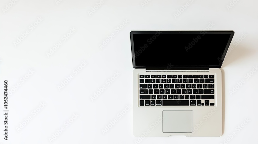 Laptop with an ultra-thin design, open on a white background, showing the keyboard and screen, suitable for office or remote work themes. Laptop with an ultra-thin design, open on a white background, showing the keyboard and screen, suitable for office or remote work themes.
