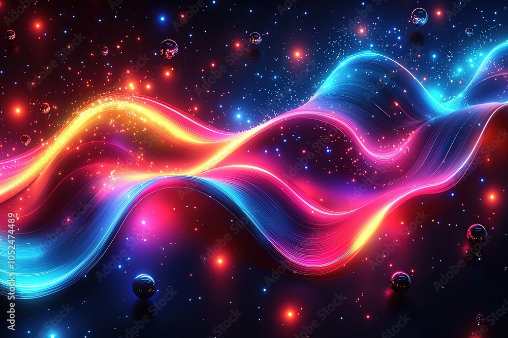 Fototapeta premium Vivid neon waves and abstract light trails in space with floating sphere elements