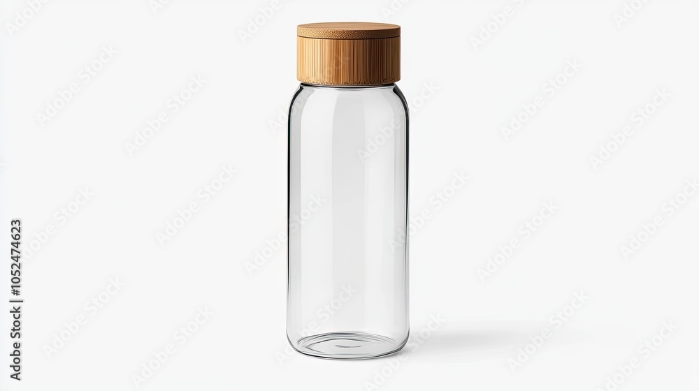 Minimalist glass water bottle with a bamboo lid, isolated on a white background. Highlights eco-friendly materials and sleek design for sustainable hydration. Minimalist glass water bottle with a bamboo lid, isolated on a white background. Highlights eco-friendly materials and sleek design for sustainable hydration.