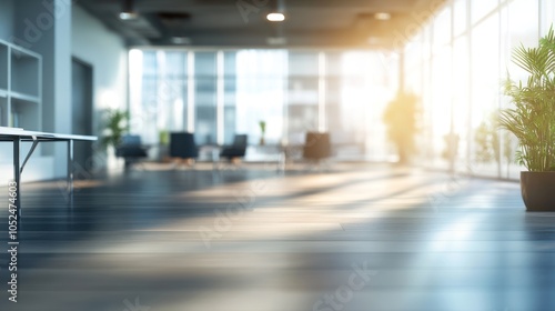 Wallpaper Mural Modern office space with large windows and plants, illuminated by soft sunlight. Torontodigital.ca