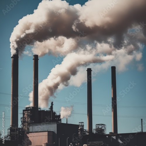 Industrial landscape with smokestacks emitting thick clouds of smoke against a clear sky. photo